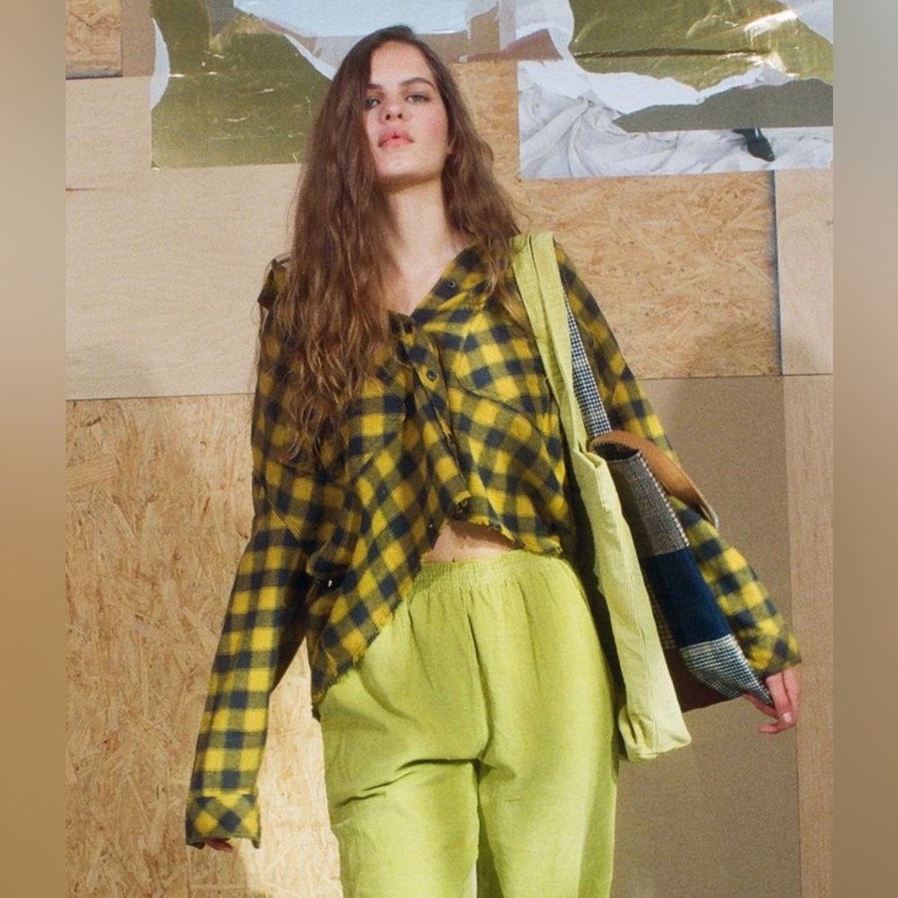 Urban Outfitters BDG Rayne Flannel Plaid Button Down in Bright Yellow Size Med
